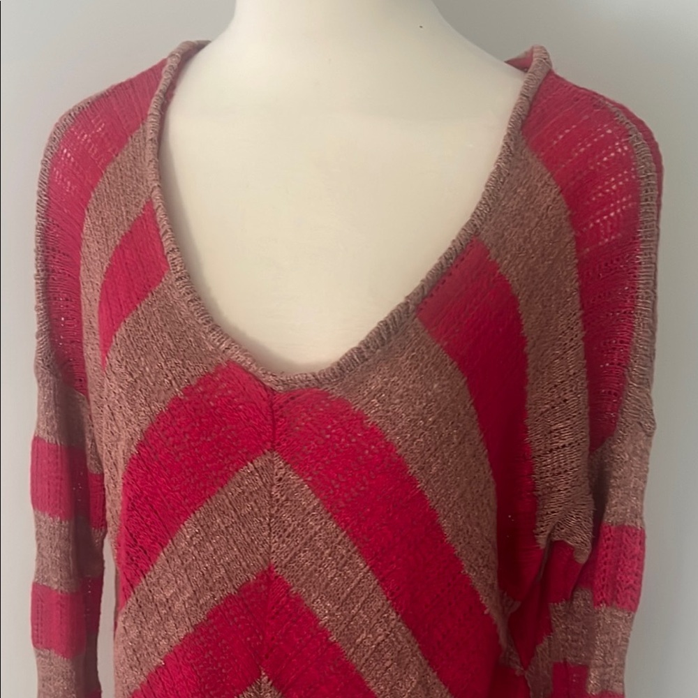 Splendid Magenta and Lt Brown V-Neck Sweater with Striped Pattern - Picture 7 of 7